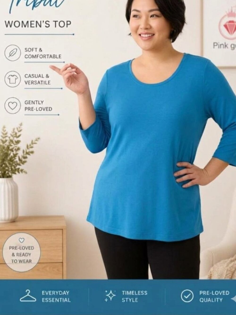 Blue Long Sleeve Cotton Top Women XL Basic Casual Blouse